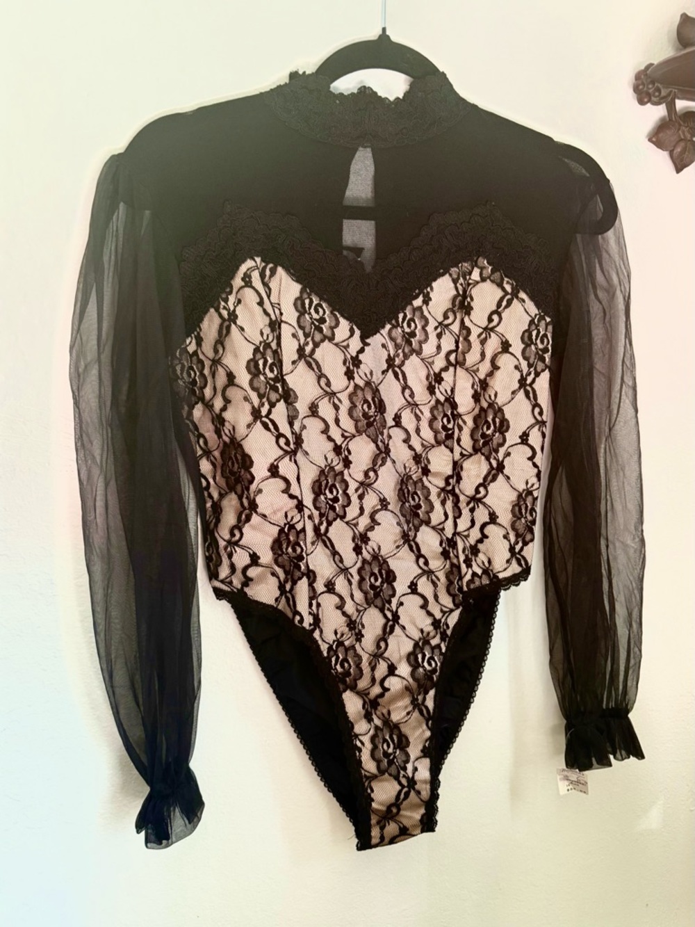 Deadstock Frederick's of Hollywood Black Lace Bodysuit with Pale Pink Underlay